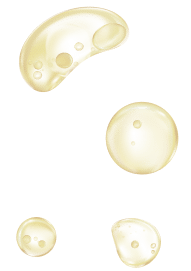 Transparent golden yellow oil droplets of various sizes on a white background, with visible reflections and highlights, giving a shiny and glossy appearance.