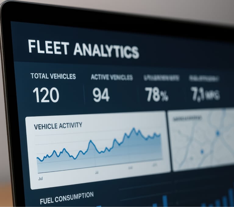 A computer screen shows a fleet analytics dashboard with vehicle stats, a usage graph, and a small map.