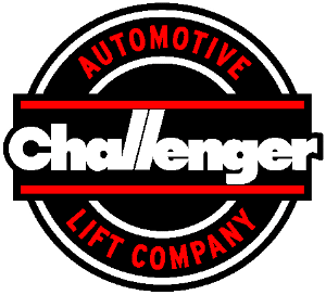 A circular logo with Challenger in bold white text across the center. The outer ring features Automotive Lift Company in red uppercase letters on a black background, with red and white outlines.