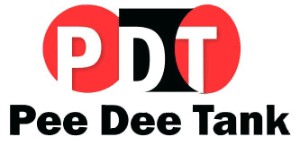 Logo for Pee Dee Tank, featuring the initials PDT in bold white letters over red circles, with Pee Dee Tank written in black text below.