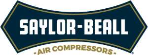 A dark blue badge-shaped logo with SAYLOR-BEALL in bold white letters in the center and Air Compressors in gold text below.