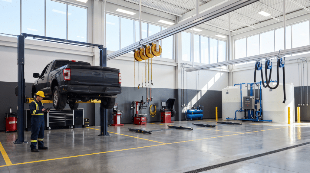 A mechanic in safety gear inspects a black pickup truck raised on a lift in a clean, modern auto repair shop with bright lighting and various equipment visible.