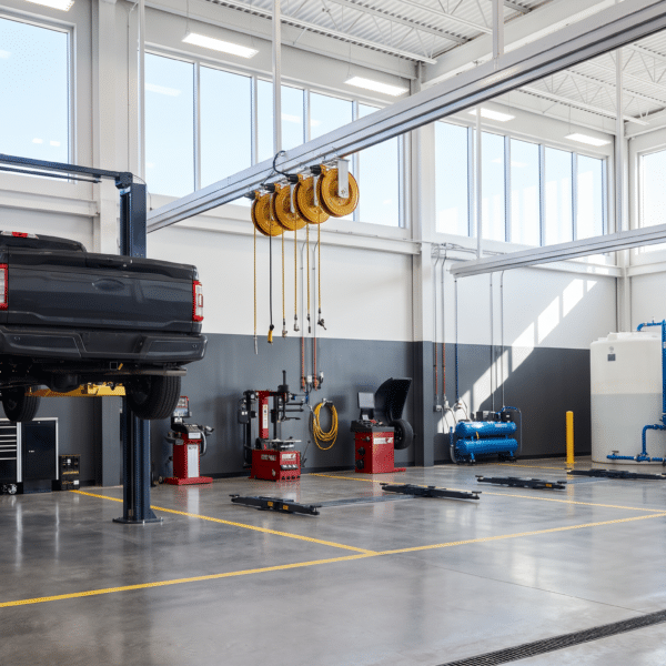 A mechanic in safety gear inspects a black pickup truck raised on a lift in a clean, modern auto repair shop with bright lighting and various equipment visible.