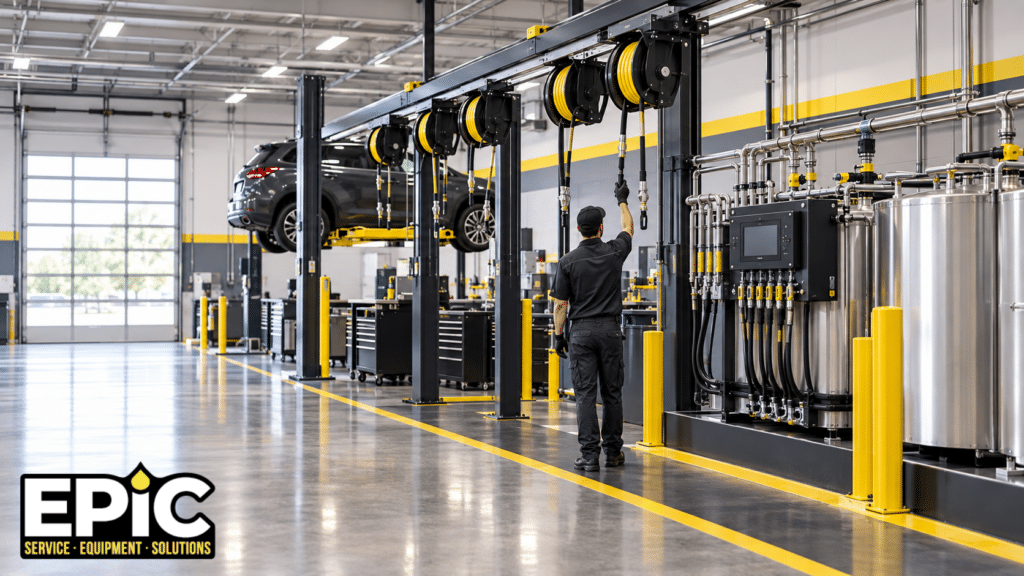 A mechanic stands in a clean, modern auto repair shop where a car is elevated on a hydraulic lift. Visible are various pieces of equipment, machinery, and tool cabinets. The EPIC logo appears in the lower left corner.