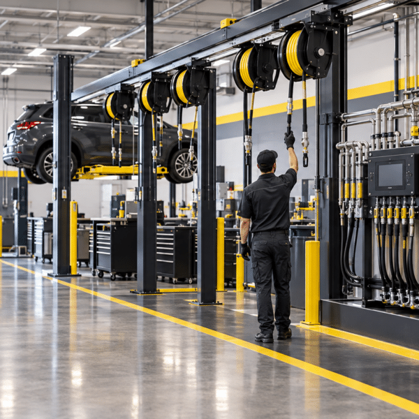 A mechanic stands in a clean, modern auto repair shop where a car is elevated on a hydraulic lift. Visible are various pieces of equipment, machinery, and tool cabinets. The EPIC logo appears in the lower left corner.