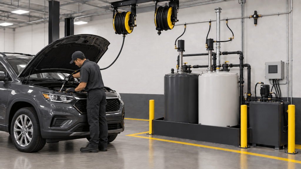 A uniformed mechanic examines the engine of a gray SUV inside a spotless, contemporary auto service garage, with large tanks and hoses visible in the background.