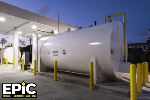 Large white cylindrical fuel storage tank at a refueling station with yellow safety bollards.